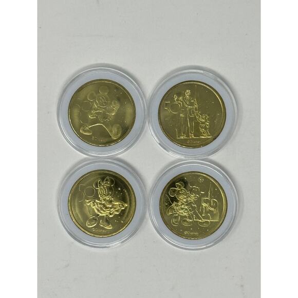DISNEY 50th Anniversary Gold Medallion Coin Mickey and Minnie Set of 4 - Picture 1 of 2